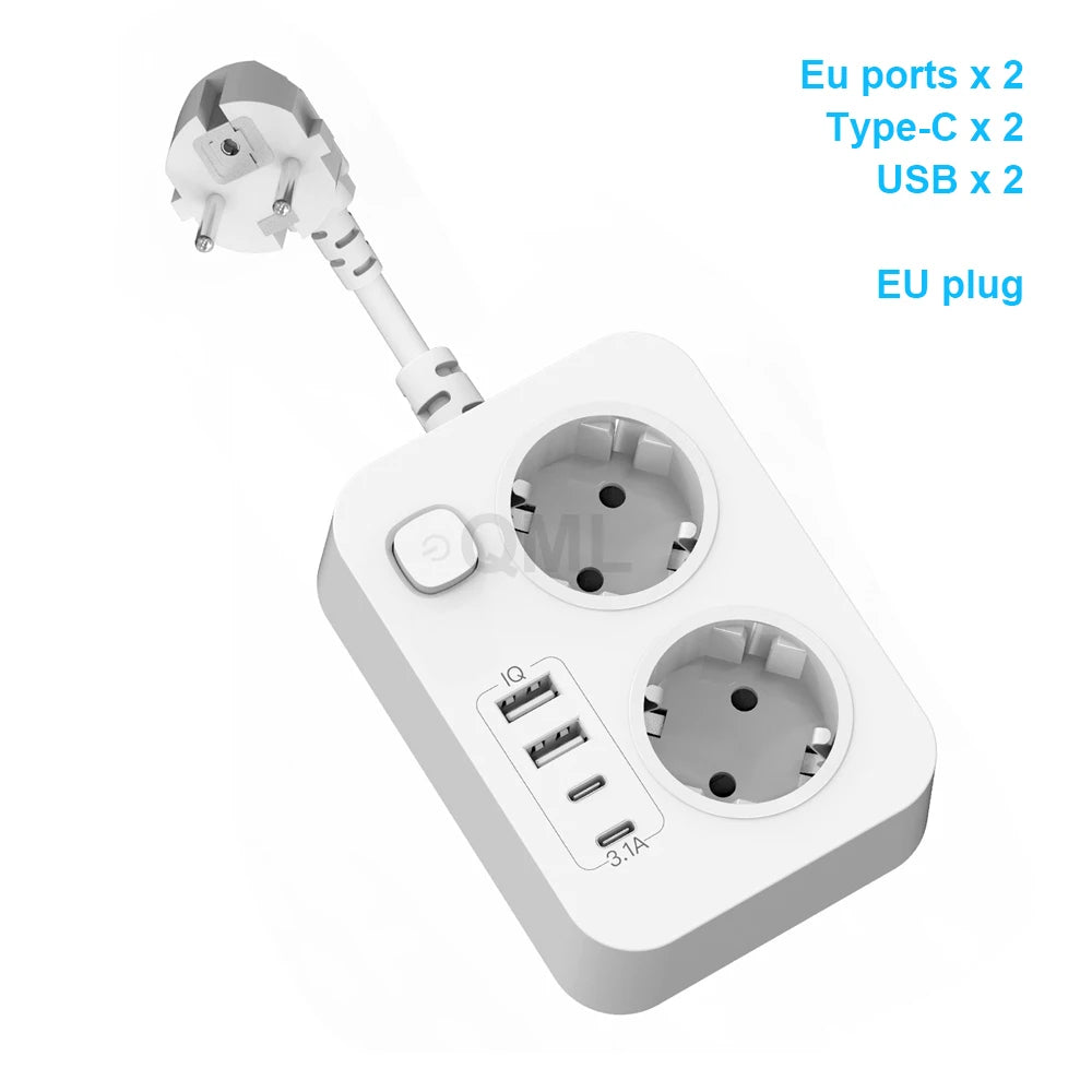 EU-Stecker Mehrfachsteckdose 3250 W 13 A 250 V – 2 Schuko-Steckdosen mit 2 USB & 2 Type-C-Anschlüssen, Sicherheitsschalter