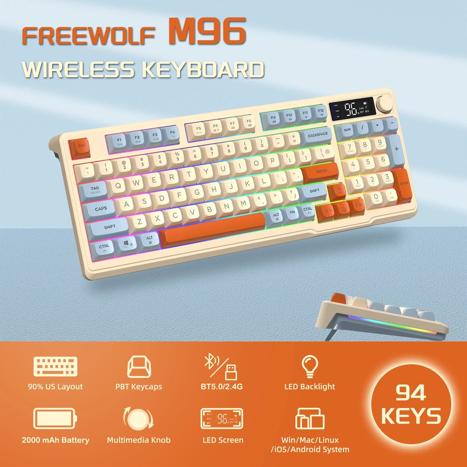 ZIYOU LANG Kabellose Gaming-Tastatur – Mit Display & Multifunktions-Drehknopf, Bluetooth/2.4 GHz, Leise Membrantasten & 3000 mAh Akku