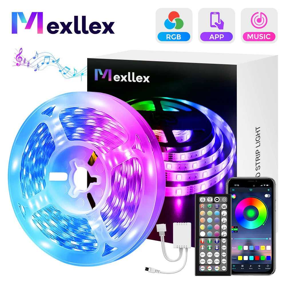 Mexllex RGB LED Streifen 15–30 m – Mit App & Fernbedienung, Musik-Synchronisation, Timer & Farbwechsel, Dimmbar für Gaming & Deko