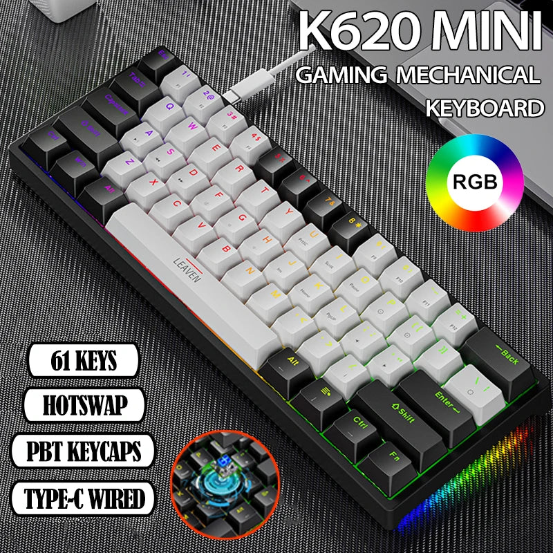 K620 Mini Mechanische Gaming-Tastatur – 60 % Layout, 61 Tasten, RGB, Hot-Swap & PBT-Keycaps, USB-C Kabelanschluss