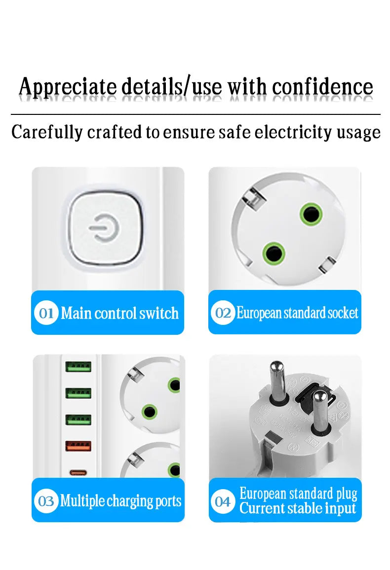 EU-Stecker Mehrfachsteckdose 2500 W – 3/4/5/6 Steckplätze mit 4 USB & 1 Type-C, 2 m Verlängerungskabel, 2.1 A Schnellladen