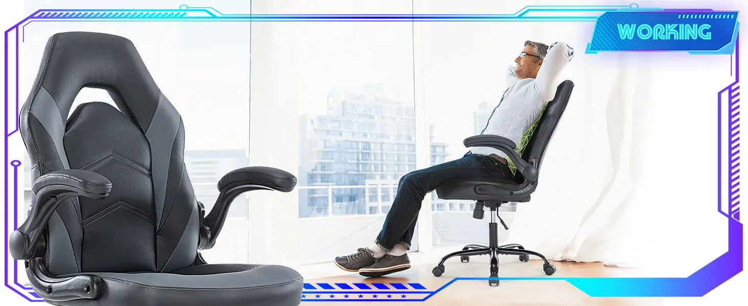 JHK Ergonomischer Gaming- & Bürostuhl – Verstellbarer PU-Ledersessel mit Klappbaren Armlehnen und Racing-Design