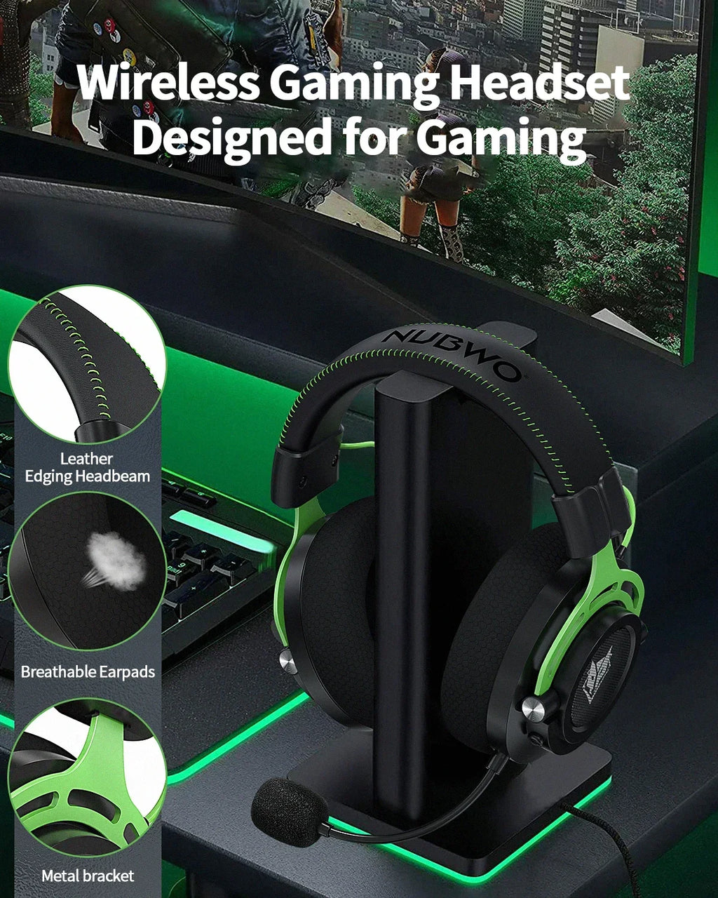 NUBWO G03 Kabelloses Gaming-Headset – 2.4GHz & Bluetooth Dual-Modus, Stereo-Sound, Geräuschunterdrückendes Mikrofon & USB-Dongle