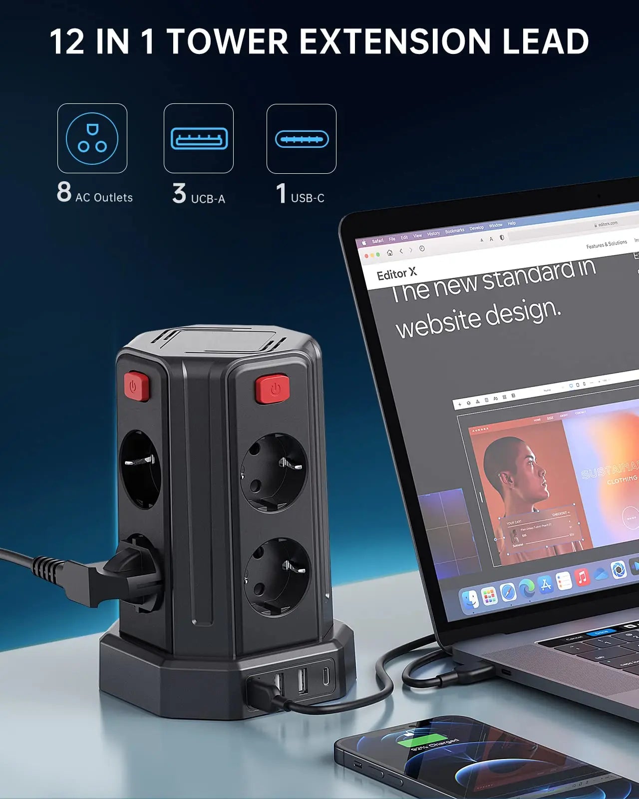 Mehrfachsteckdose 3 m mit 8 Steckplätzen, 3 USB & 1 USB-C – 2500 W / 10 A, Überspannungsschutz & Einzelschalter