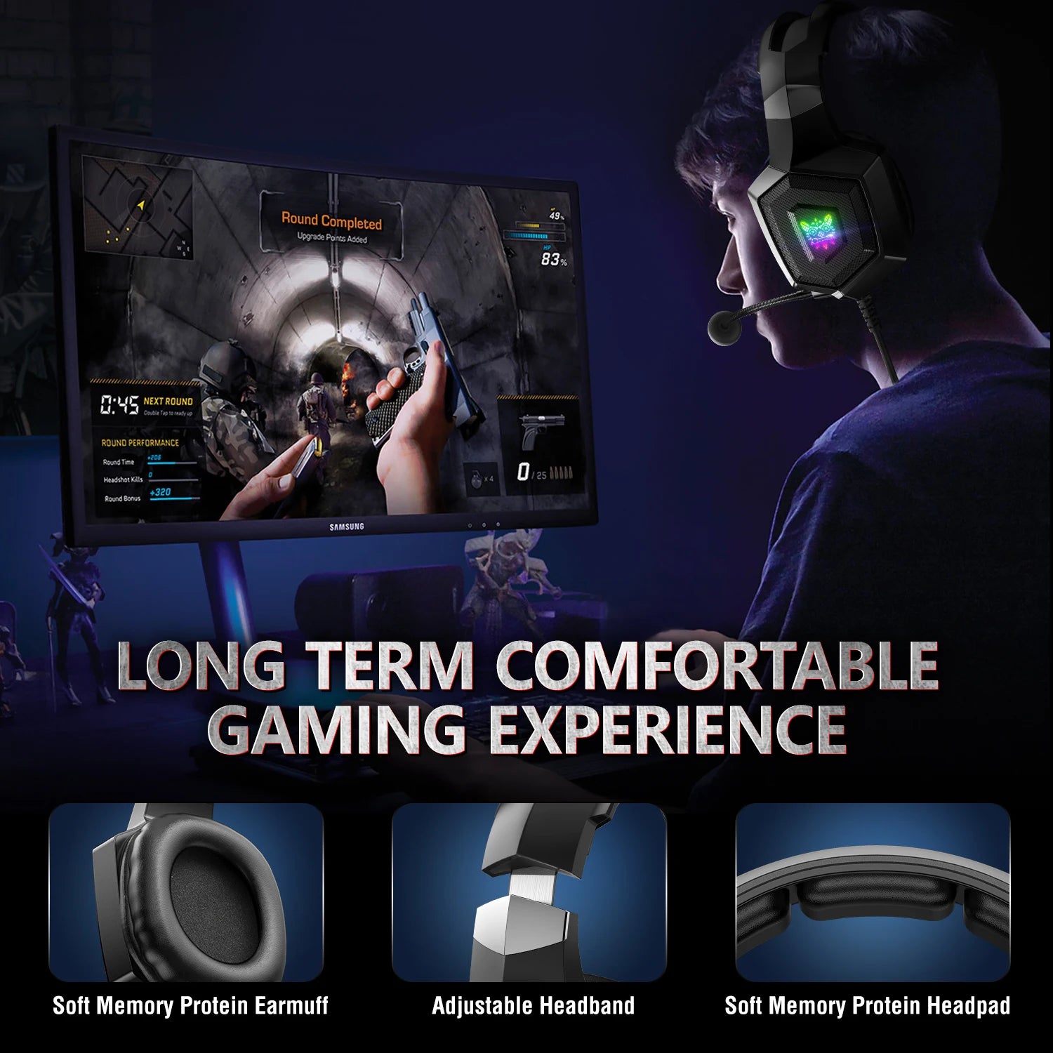Onikuma K8 RGB Gaming-Headset – Flexibles HD-Mikrofon, Over-Ear, Surround Sound, RGB-Licht, Kabelgebunden für PC & Xbox