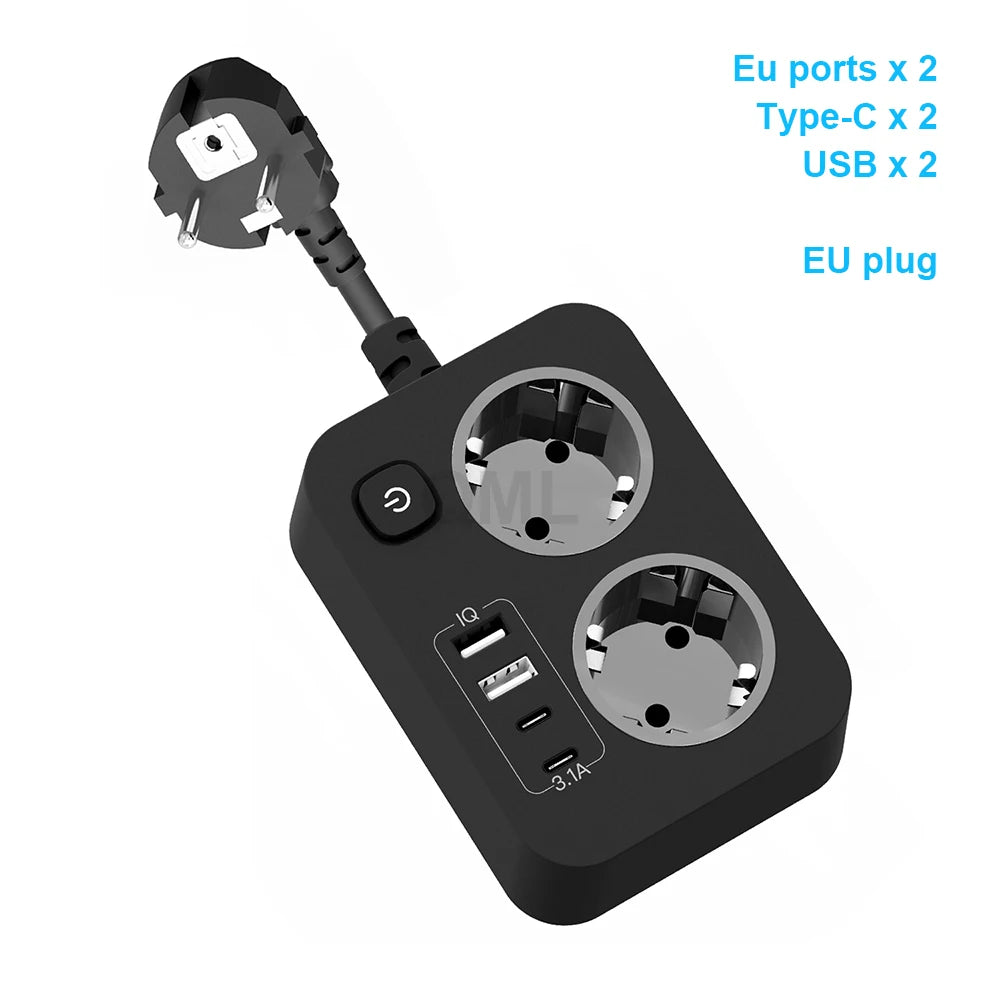 EU-Stecker Mehrfachsteckdose 3250 W 13 A 250 V – 2 Schuko-Steckdosen mit 2 USB & 2 Type-C-Anschlüssen, Sicherheitsschalter