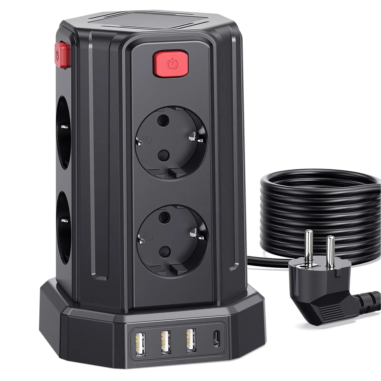 Mehrfachsteckdose 3 m mit 8 Steckplätzen, 3 USB & 1 USB-C – 2500 W / 10 A, Überspannungsschutz & Einzelschalter