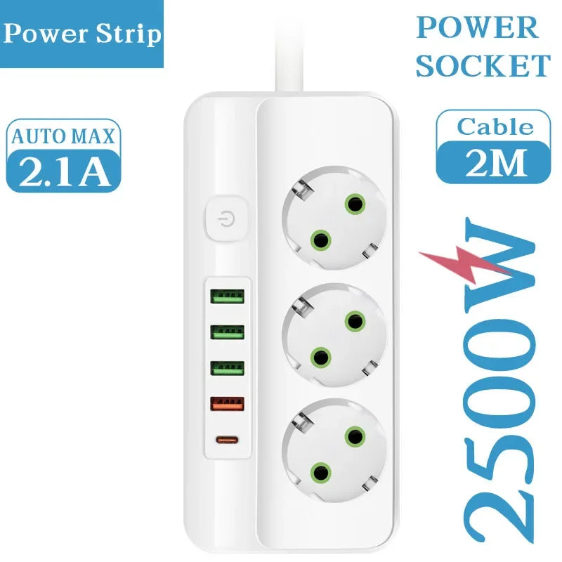 EU-Stecker Mehrfachsteckdose 2500 W – 3/4/5/6 Steckplätze mit 4 USB & 1 Type-C, 2 m Verlängerungskabel, 2.1 A Schnellladen