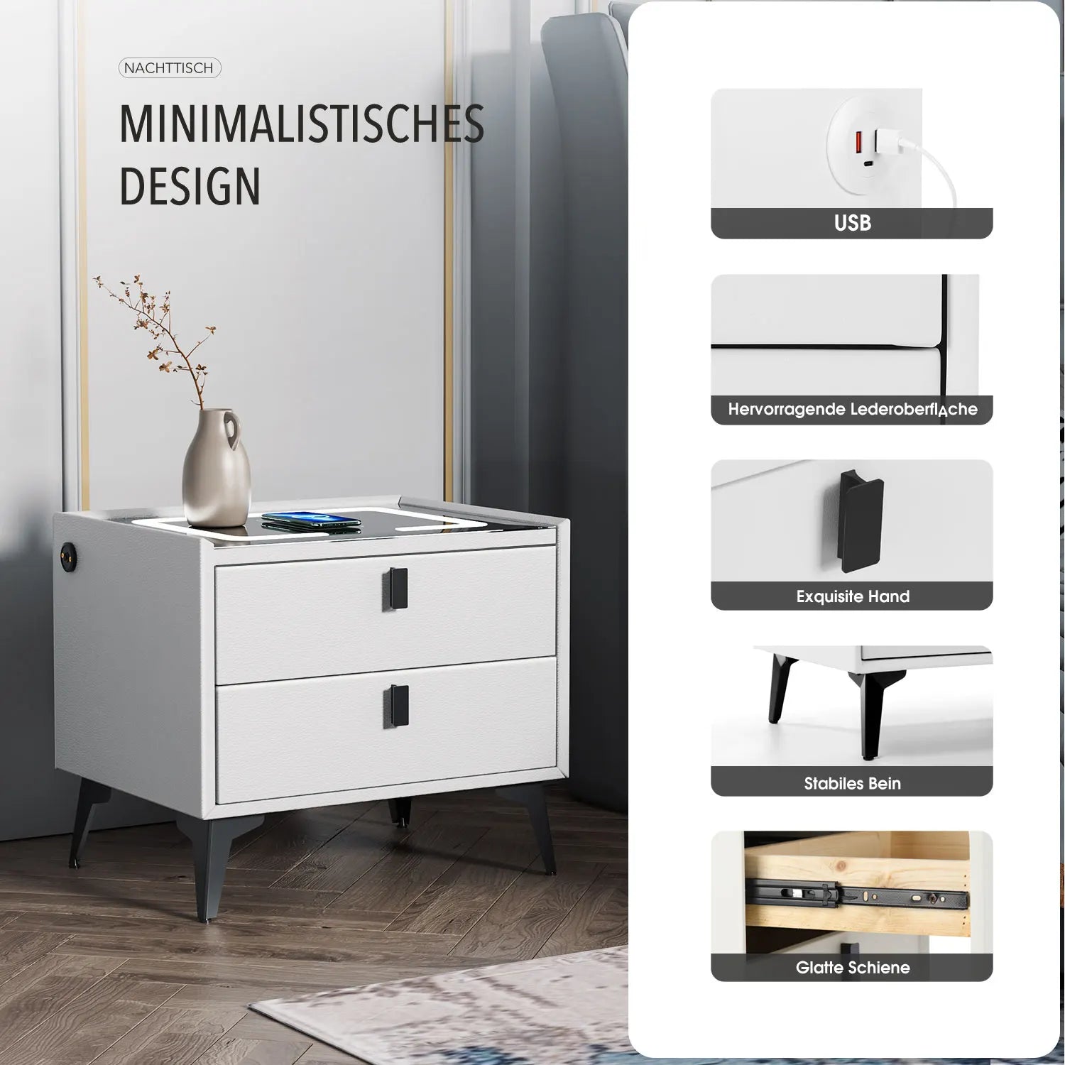 Oyajia Smart Nachttisch mit LED-Beleuchtung & Kabellosem Laden – Nachtschrank mit 2 Schubladen für Schlafzimmer & Wohnzimmer
