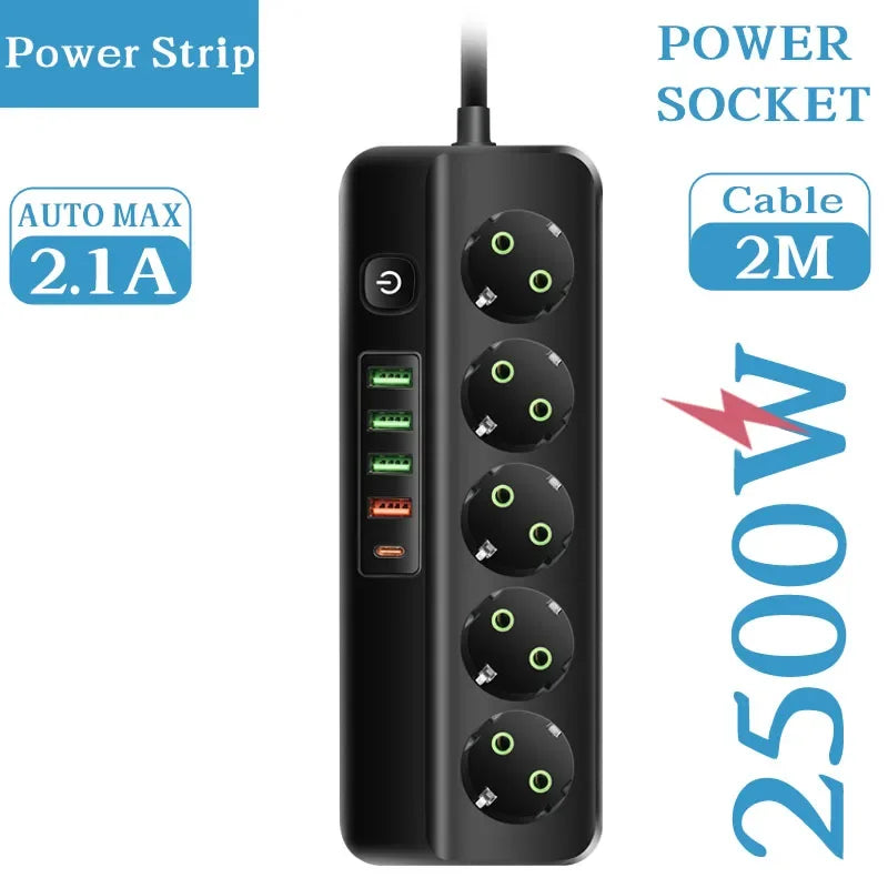 EU-Stecker Mehrfachsteckdose 2500 W – 3/4/5/6 Steckplätze mit 4 USB & 1 Type-C, 2 m Verlängerungskabel, 2.1 A Schnellladen