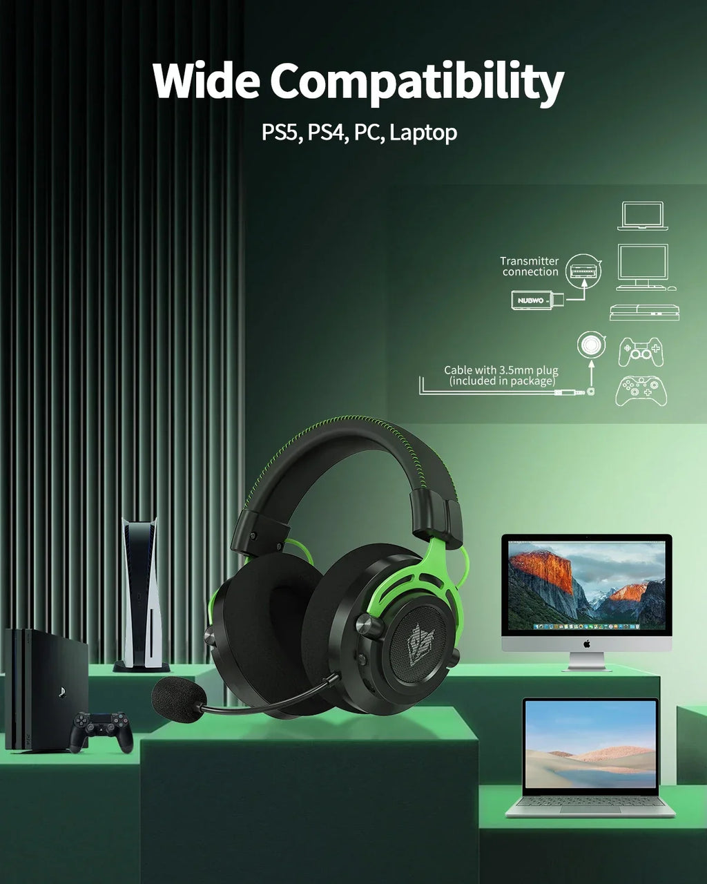 NUBWO G03 Kabelloses Gaming-Headset – 2.4GHz & Bluetooth Dual-Modus, Stereo-Sound, Geräuschunterdrückendes Mikrofon & USB-Dongle