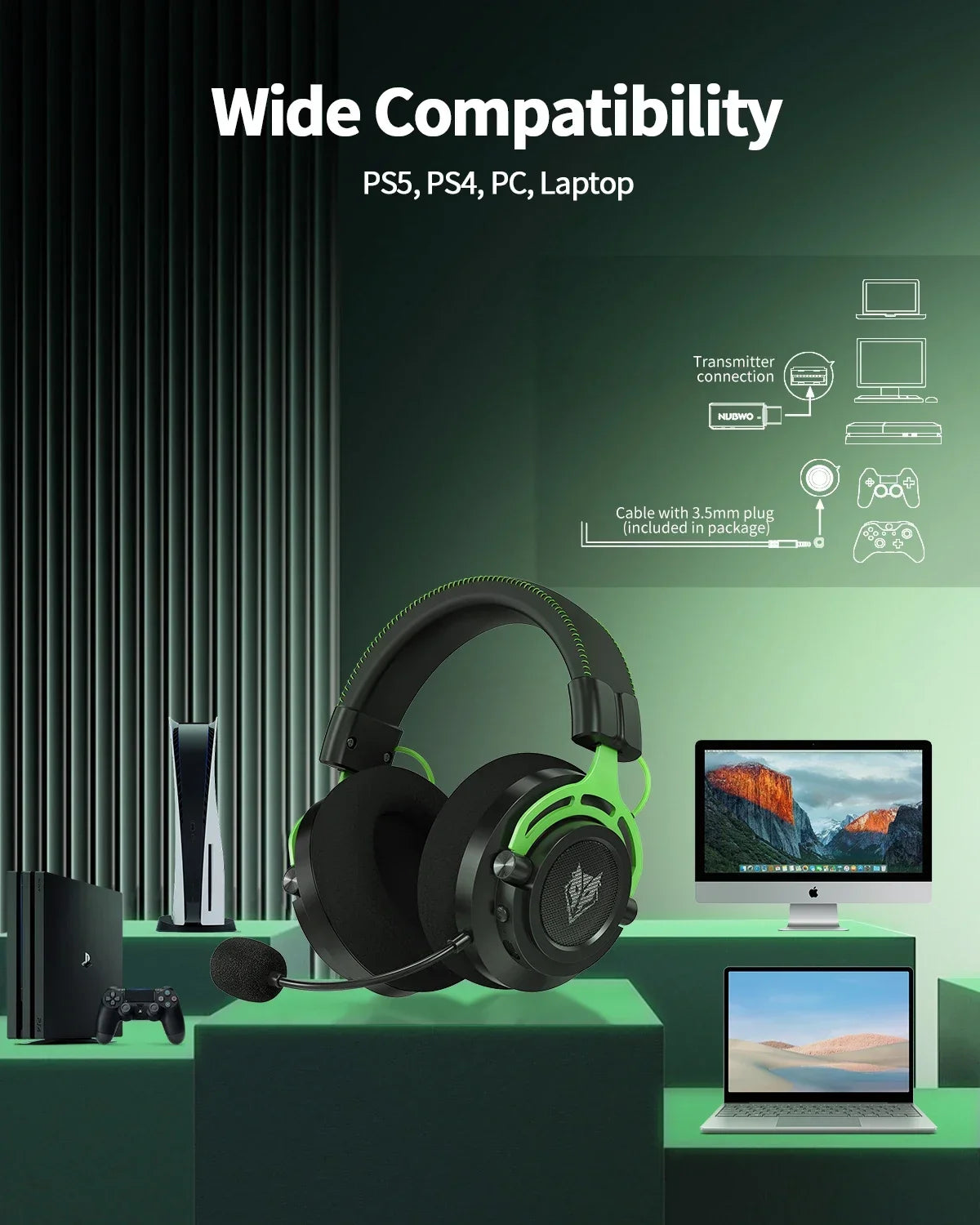 NUBWO G03 Kabelloses Gaming-Headset – 2.4GHz & Bluetooth Dual-Modus, Stereo-Sound, Geräuschunterdrückendes Mikrofon & USB-Dongle
