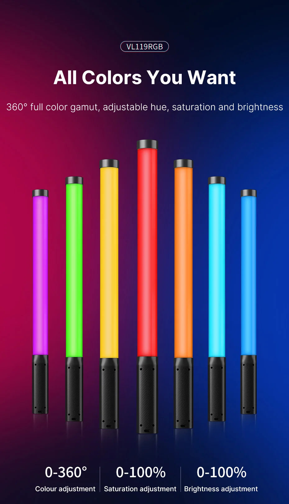 Ulanzi VL119 Handheld RGB Lichtstab – Tragbare LED Stick Light 50 cm, CRI 95+, 2500K–9000K, Wiederaufladbare Studio-Fotolampe
