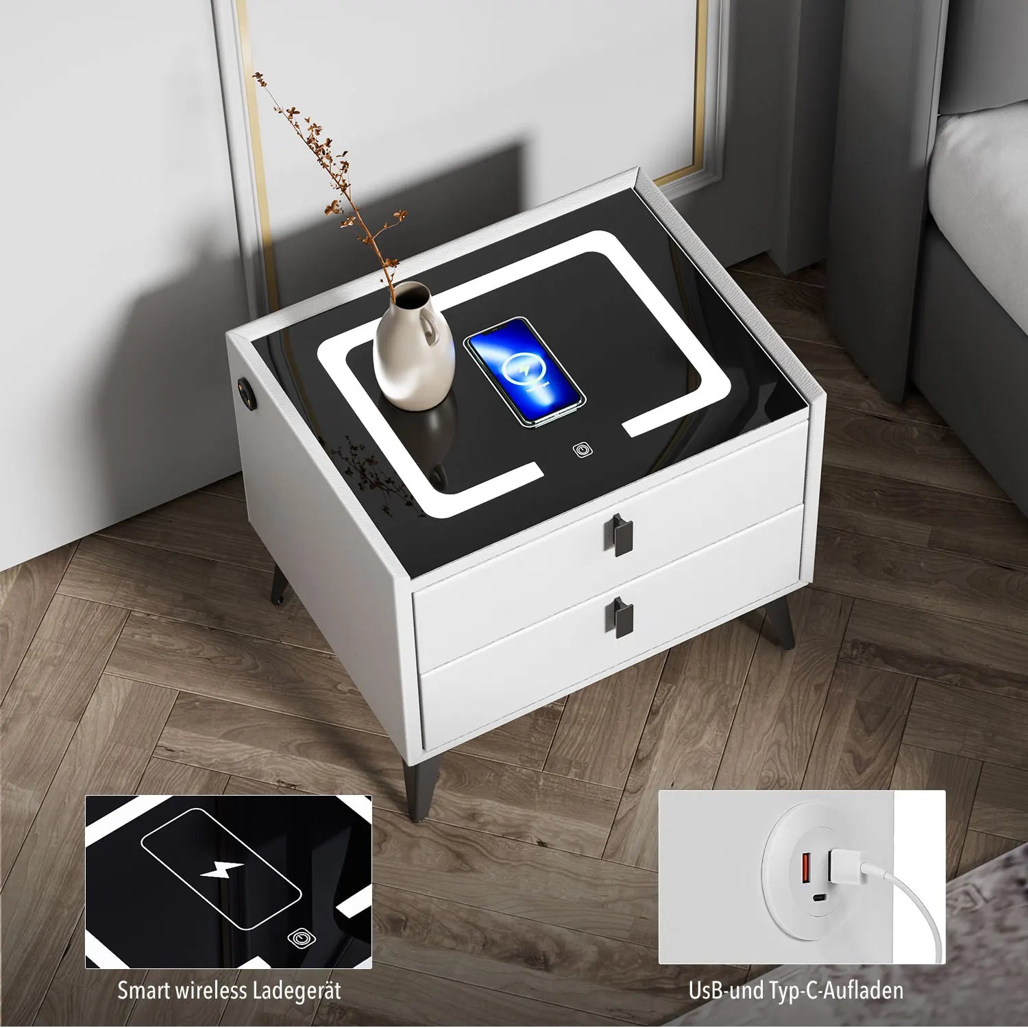 Oyajia Smart Nachttisch mit LED-Beleuchtung & Kabellosem Laden – Nachtschrank mit 2 Schubladen für Schlafzimmer & Wohnzimmer