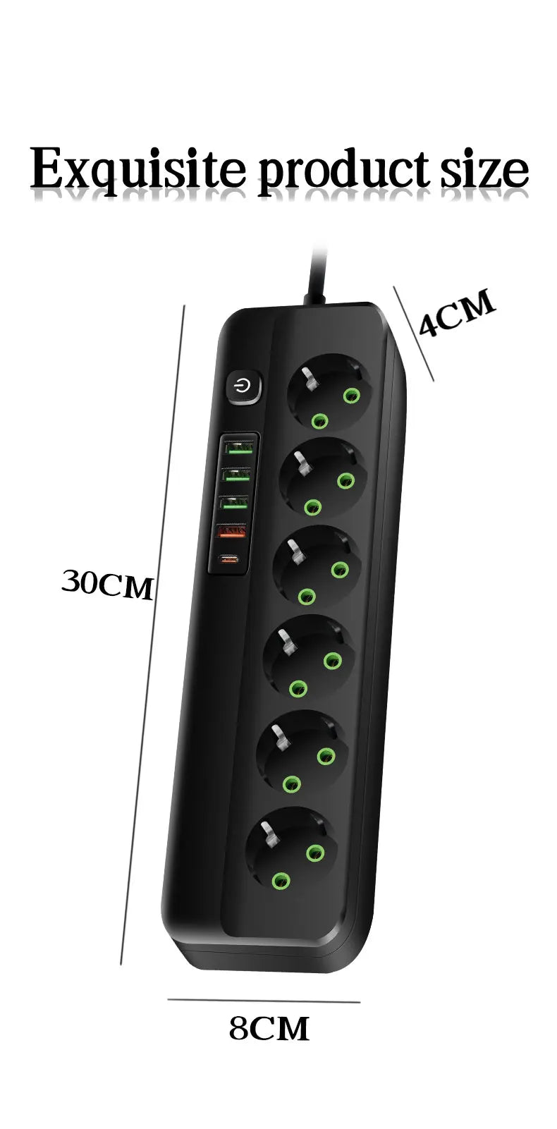 EU-Stecker Mehrfachsteckdose 2500 W – 3/4/5/6 Steckplätze mit 4 USB & 1 Type-C, 2 m Verlängerungskabel, 2.1 A Schnellladen