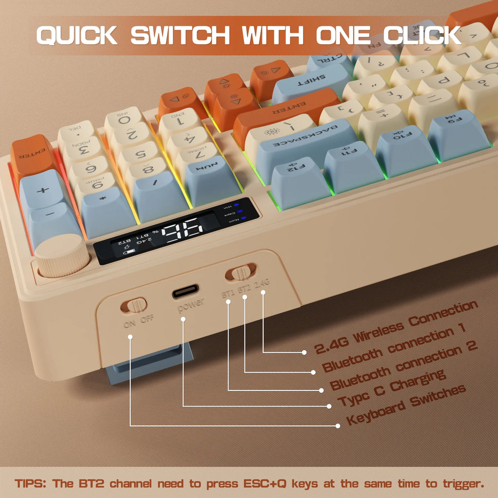 ZIYOU LANG Kabellose Gaming-Tastatur – Mit Display & Multifunktions-Drehknopf, Bluetooth/2.4 GHz, Leise Membrantasten & 3000 mAh Akku