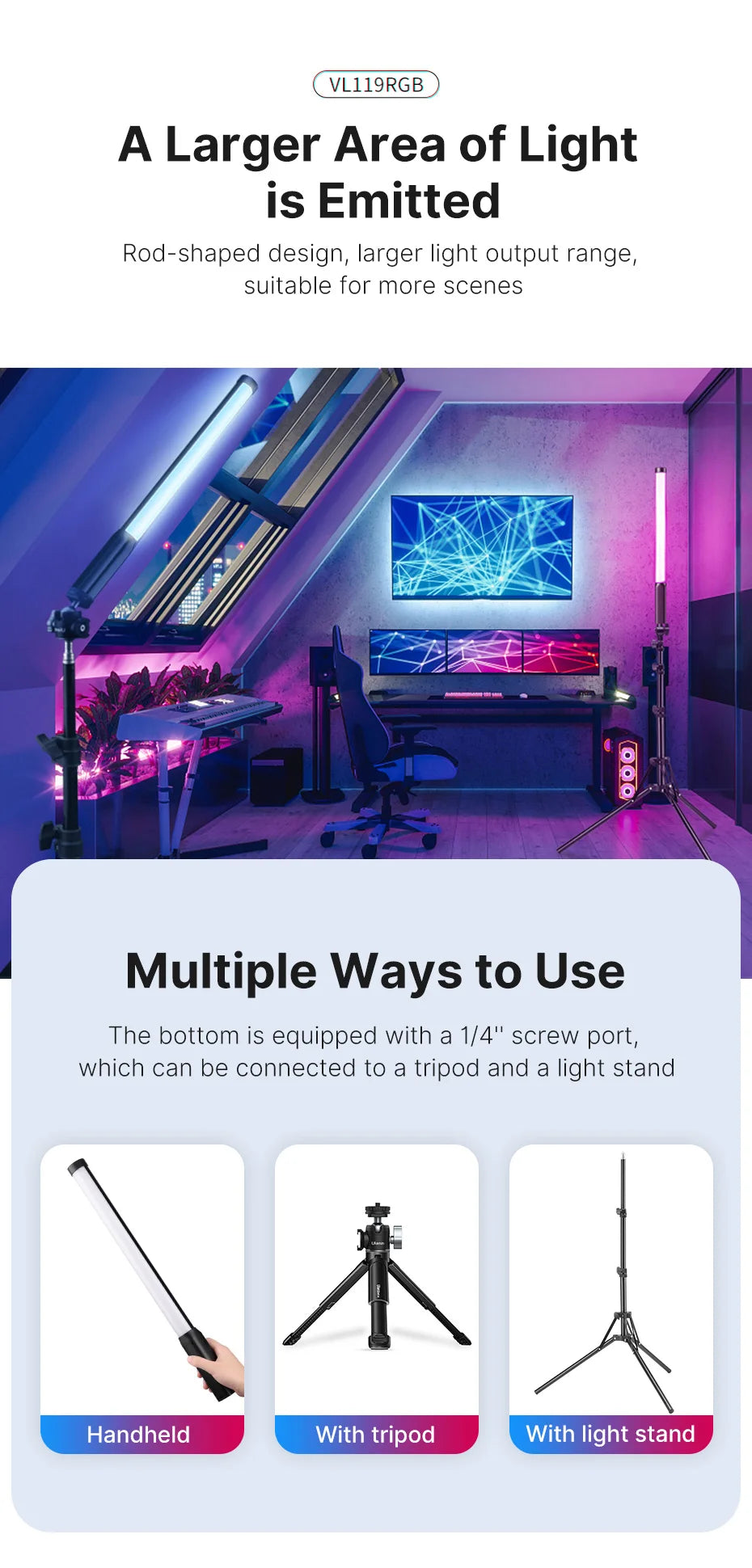 Ulanzi VL119 Handheld RGB Lichtstab – Tragbare LED Stick Light 50 cm, CRI 95+, 2500K–9000K, Wiederaufladbare Studio-Fotolampe