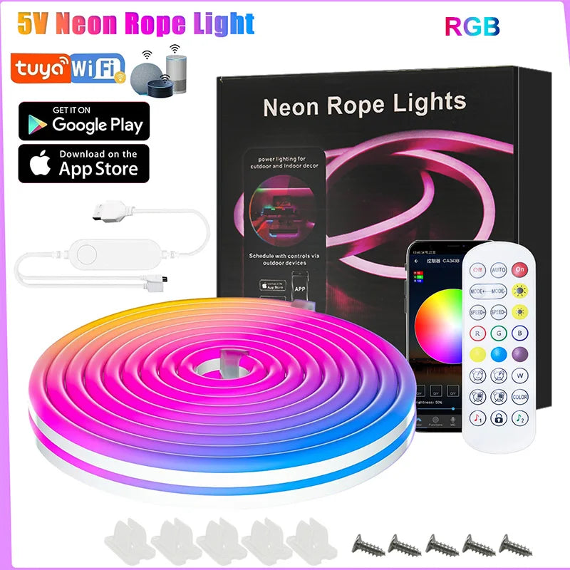 Smart RGB Neon LED Streifen – Wasserdichtes USB Lichtband 1–5 m, Tuya App & Fernbedienung, Flexibles DIY Design für Neon Dekoration & Beleuchtung