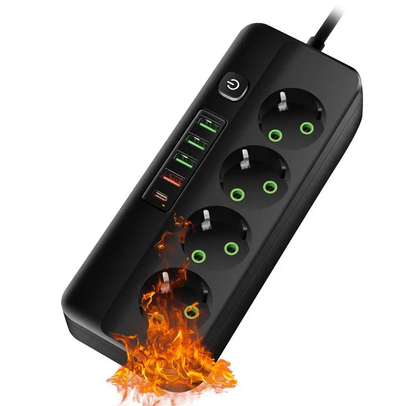 EU-Stecker Mehrfachsteckdose 2500 W – 3/4/5/6 Steckplätze mit 4 USB & 1 Type-C, 2 m Verlängerungskabel, 2.1 A Schnellladen