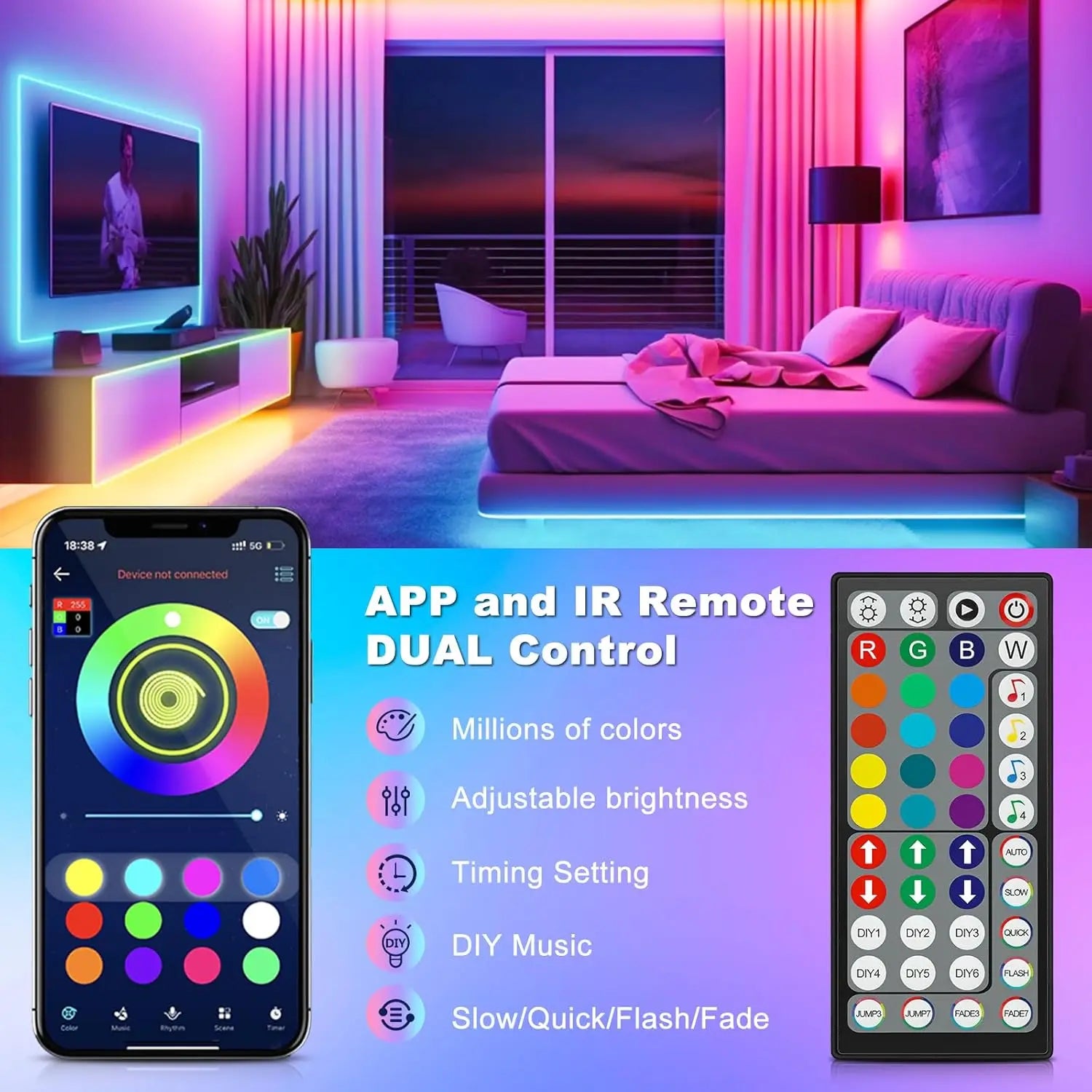 Mexllex RGB LED Streifen 15–30 m – Mit App & Fernbedienung, Musik-Synchronisation, Timer & Farbwechsel, Dimmbar für Gaming & Deko
