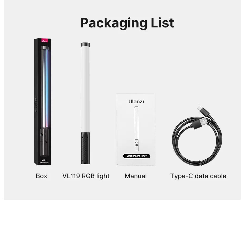 Ulanzi VL119 Handheld RGB Lichtstab – Tragbare LED Stick Light 50 cm, CRI 95+, 2500K–9000K, Wiederaufladbare Studio-Fotolampe