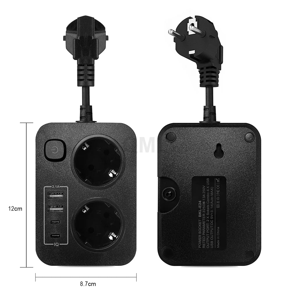 EU-Stecker Mehrfachsteckdose 3250 W 13 A 250 V – 2 Schuko-Steckdosen mit 2 USB & 2 Type-C-Anschlüssen, Sicherheitsschalter