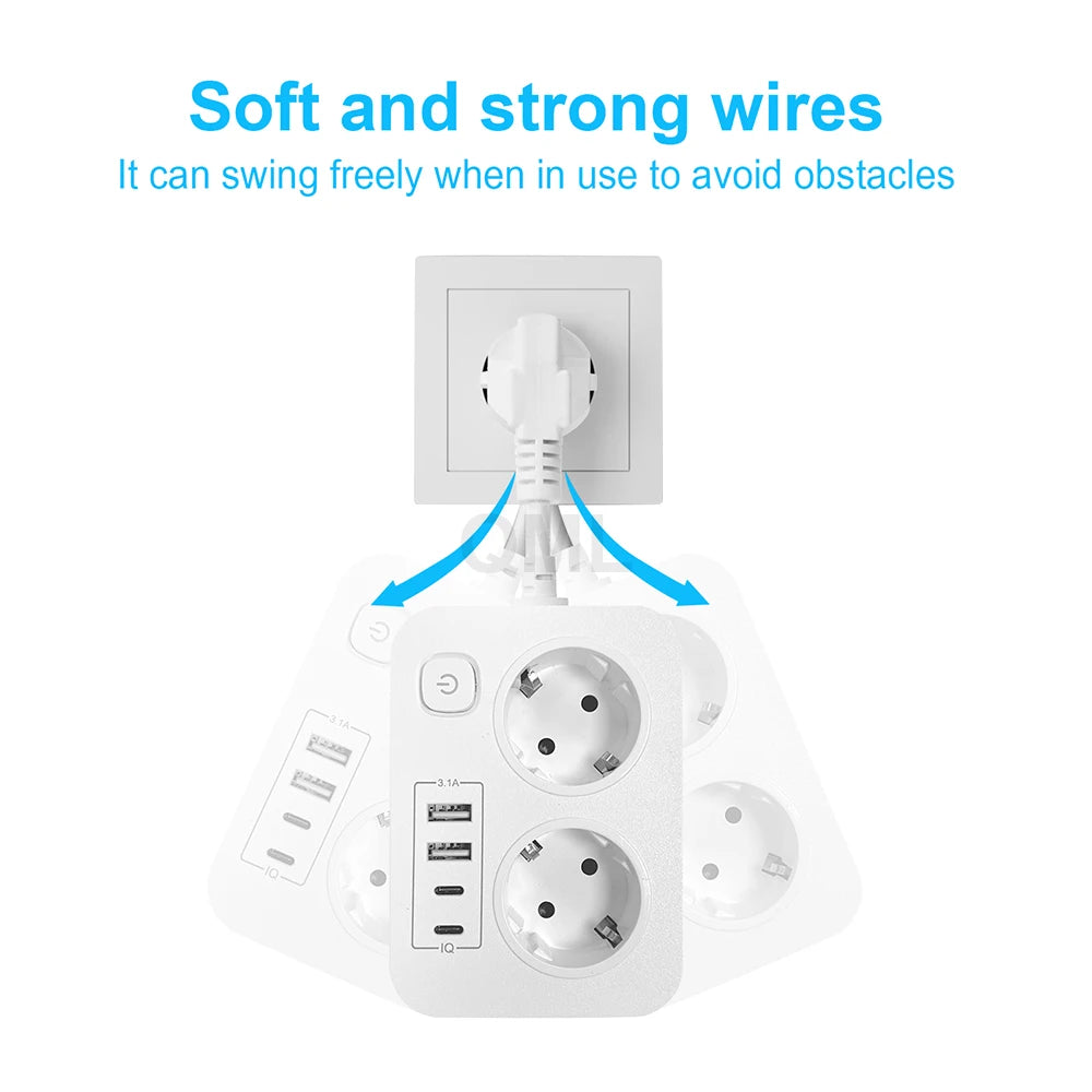 EU-Stecker Mehrfachsteckdose 3250 W 13 A 250 V – 2 Schuko-Steckdosen mit 2 USB & 2 Type-C-Anschlüssen, Sicherheitsschalter