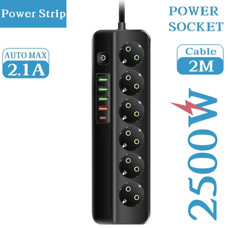 EU-Stecker Mehrfachsteckdose 2500 W – 3/4/5/6 Steckplätze mit 4 USB & 1 Type-C, 2 m Verlängerungskabel, 2.1 A Schnellladen
