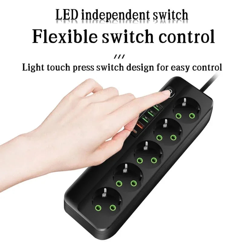 EU-Stecker Mehrfachsteckdose 2500 W – 3/4/5/6 Steckplätze mit 4 USB & 1 Type-C, 2 m Verlängerungskabel, 2.1 A Schnellladen