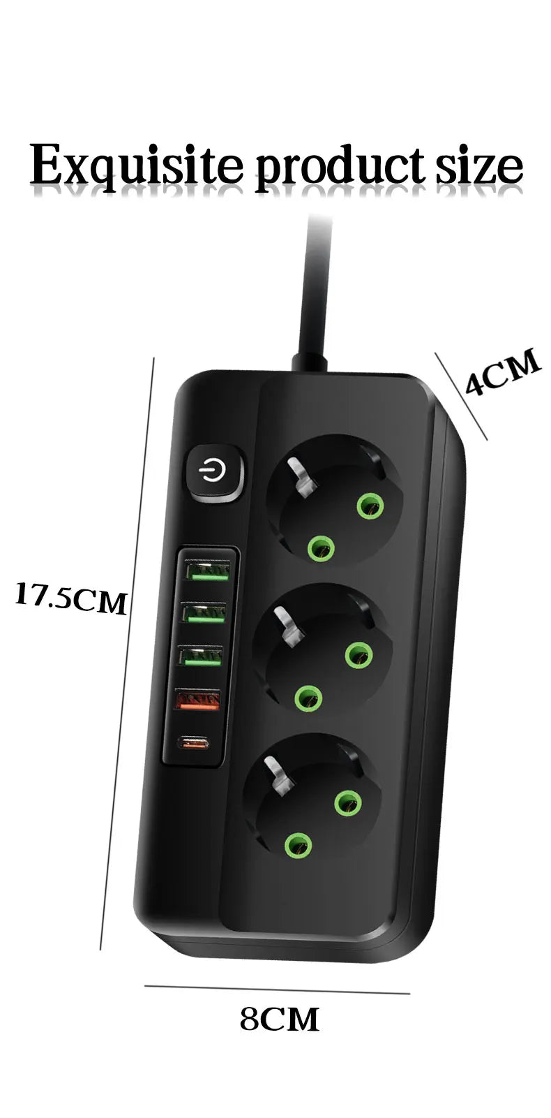 EU-Stecker Mehrfachsteckdose 2500 W – 3/4/5/6 Steckplätze mit 4 USB & 1 Type-C, 2 m Verlängerungskabel, 2.1 A Schnellladen