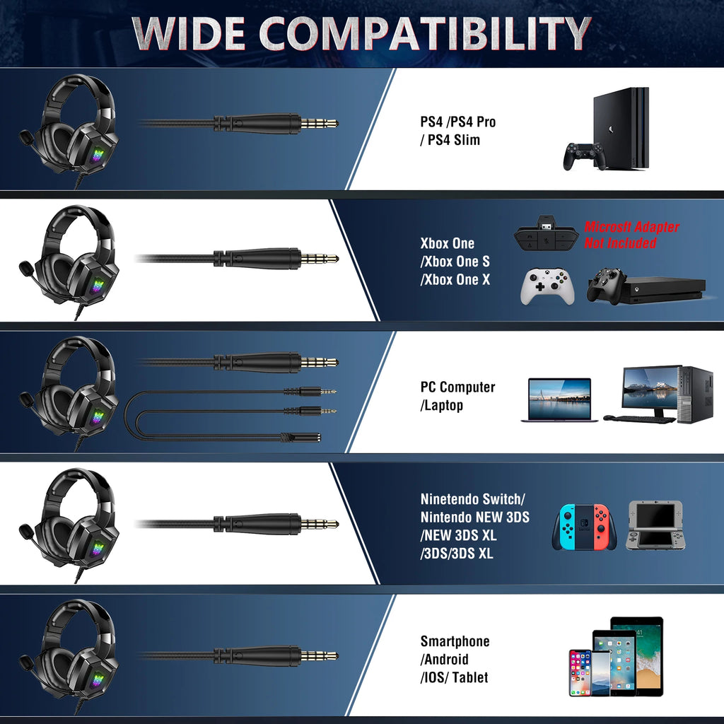 Onikuma K8 RGB Gaming-Headset – Flexibles HD-Mikrofon, Over-Ear, Surround Sound, RGB-Licht, Kabelgebunden für PC & Xbox