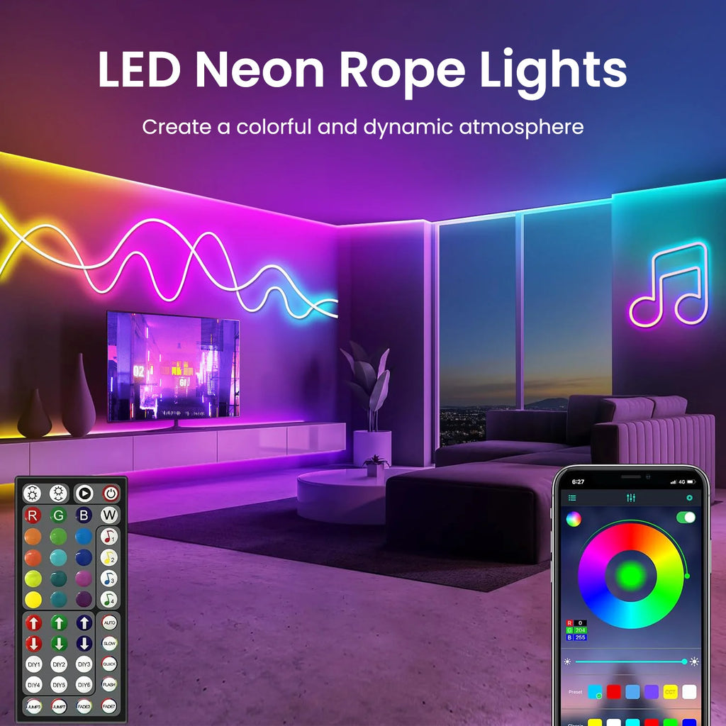 LED Neon Rope Lights with App/Remote Control, 24V Music Sync Waterproof Flexible DIY Design RGB Strip Lights for Bedroom Party