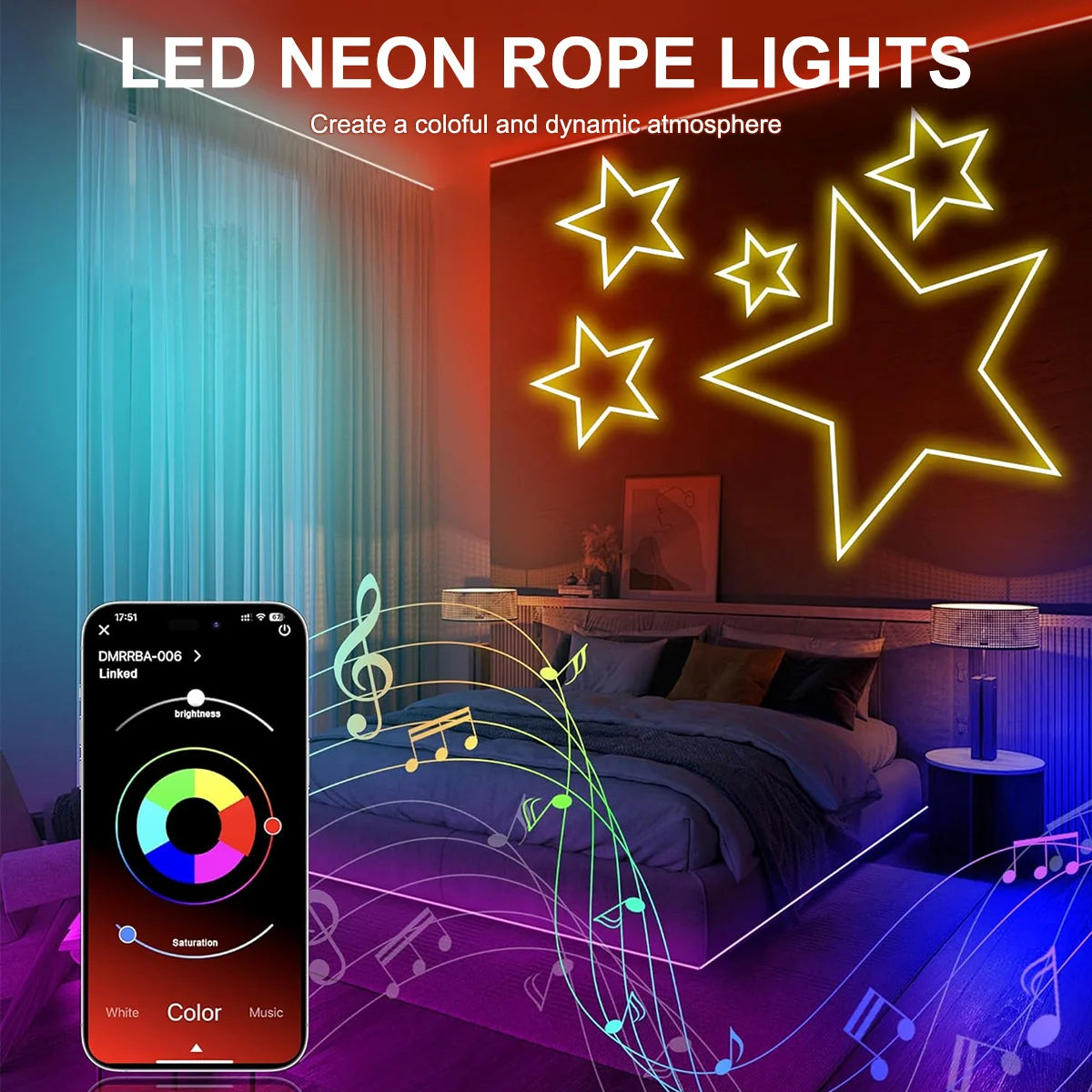 LED Neon Rope Lights with App/Remote Control, 24V Music Sync Waterproof Flexible DIY Design RGB Strip Lights for Bedroom Party