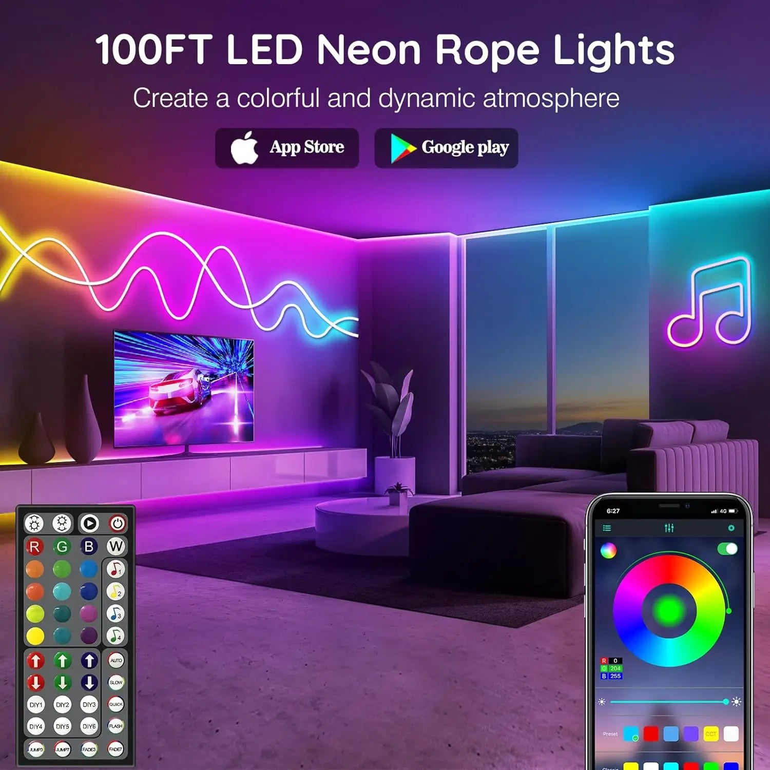 Flexible RGB Neon LED Seillichter – Mit App & Fernbedienung, Mehrfarbige IP65 Außenbeleuchtung, Deko-Licht für Haus, Garten & Zimmer