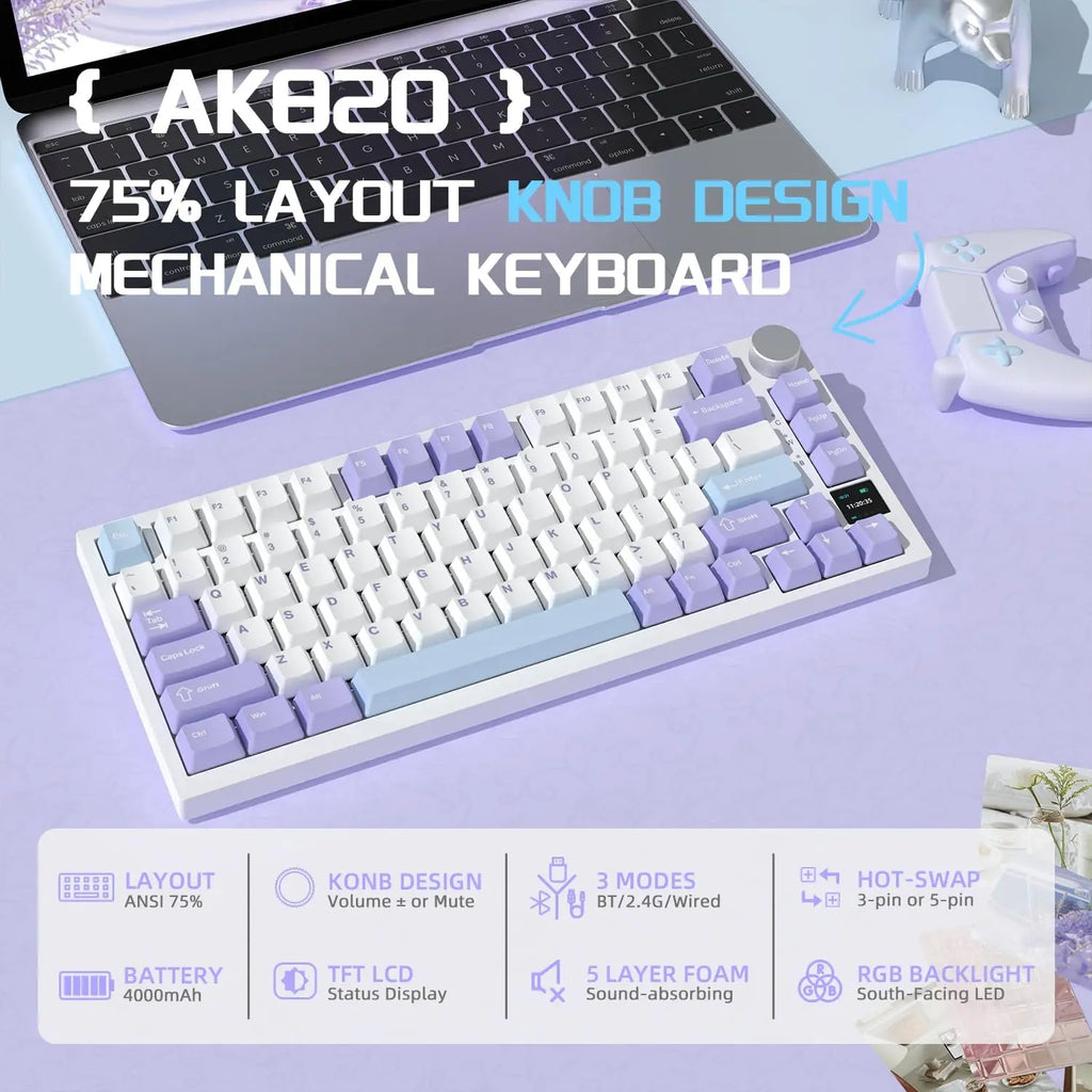 AJAZZ AK820PRO Mechanische Tastatur – 75% Layout, Dreifachmodus (2.4G / Bluetooth / Kabel), PBT-Keycaps, Hot-Swap & Gasket-Mount-Design