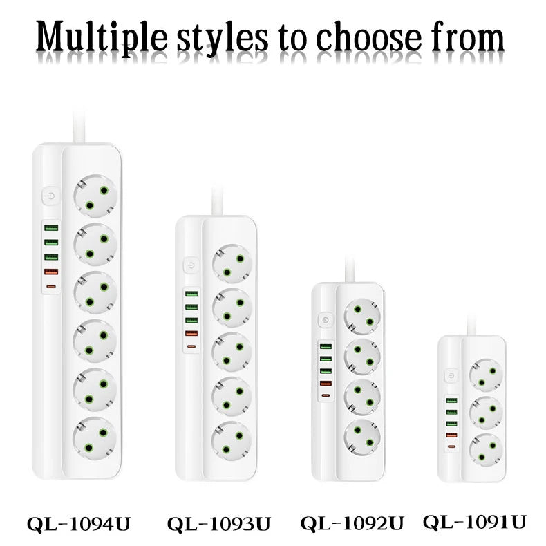 EU-Stecker Mehrfachsteckdose 2500 W – 3/4/5/6 Steckplätze mit 4 USB & 1 Type-C, 2 m Verlängerungskabel, 2.1 A Schnellladen