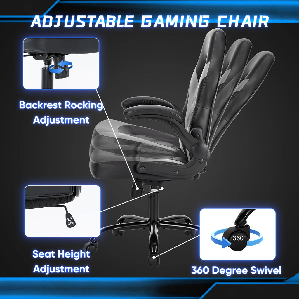JHK Ergonomischer Gaming- & Bürostuhl – Verstellbarer PU-Ledersessel mit Klappbaren Armlehnen und Racing-Design