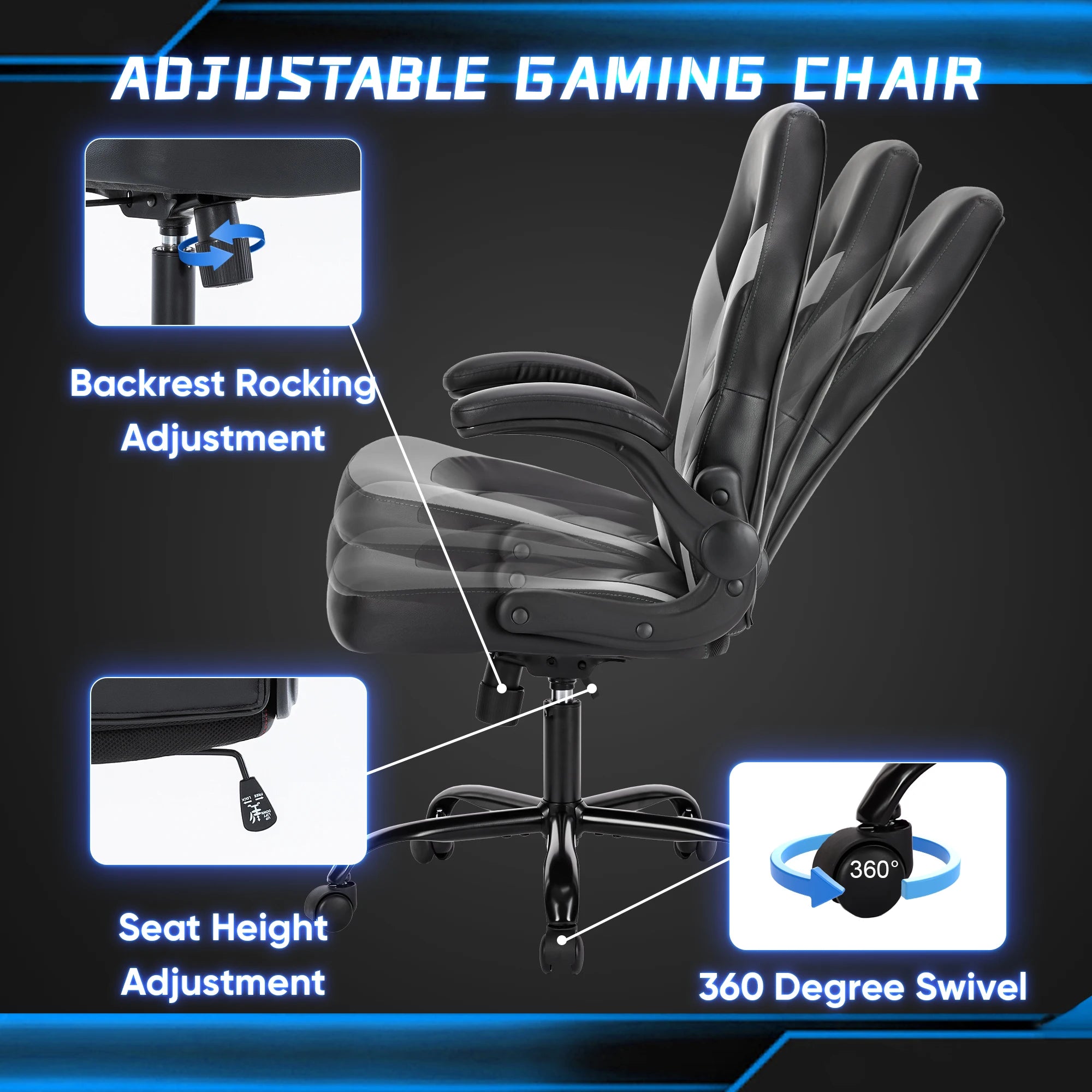 JHK Ergonomischer Gaming- & Bürostuhl – Verstellbarer PU-Ledersessel mit Klappbaren Armlehnen und Racing-Design