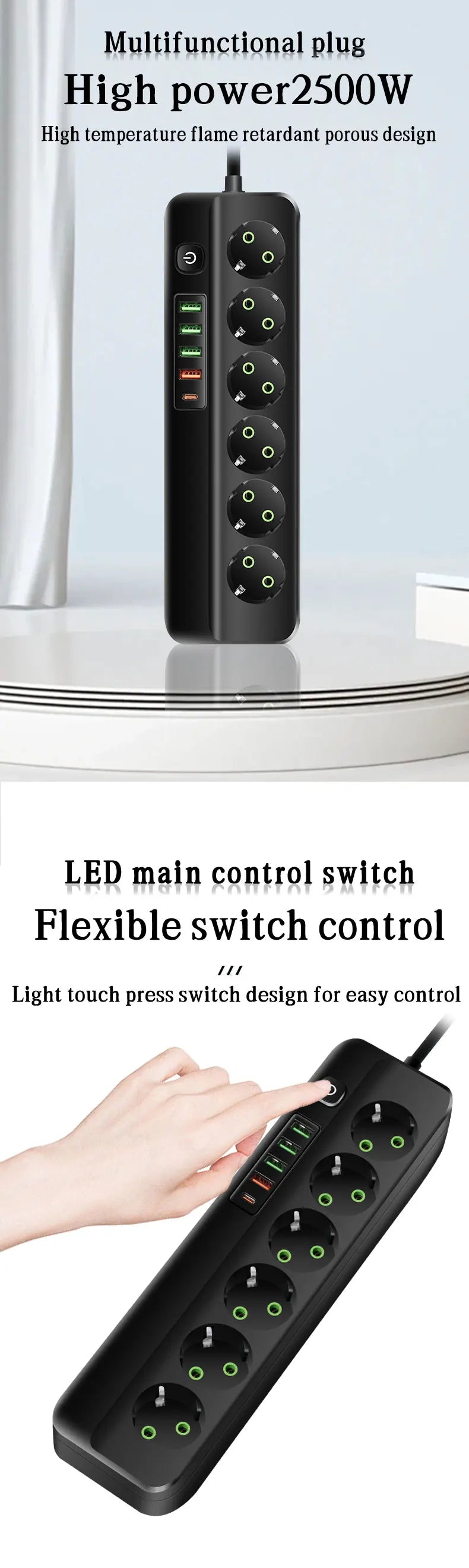 EU-Stecker Mehrfachsteckdose 2500 W – 3/4/5/6 Steckplätze mit 4 USB & 1 Type-C, 2 m Verlängerungskabel, 2.1 A Schnellladen