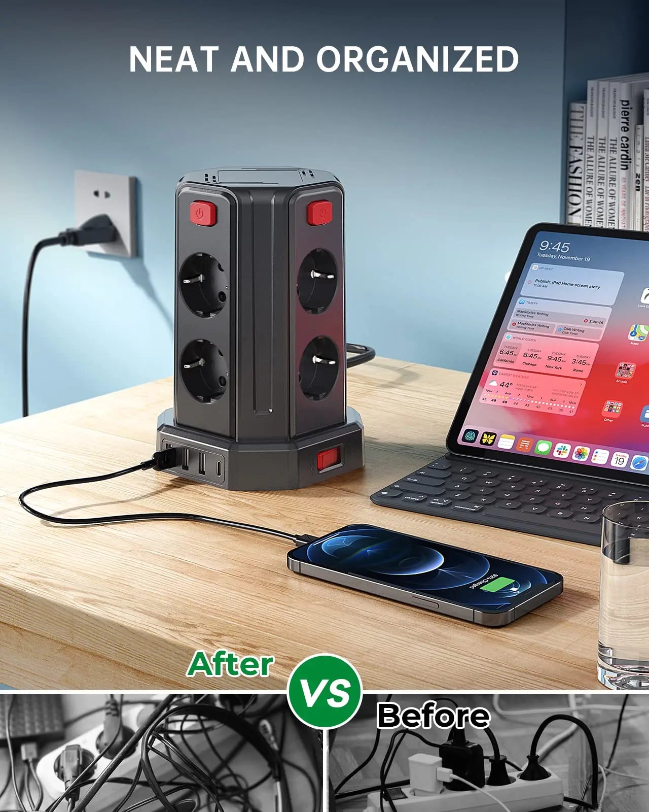 Mehrfachsteckdose 3 m mit 8 Steckplätzen, 3 USB & 1 USB-C – 2500 W / 10 A, Überspannungsschutz & Einzelschalter