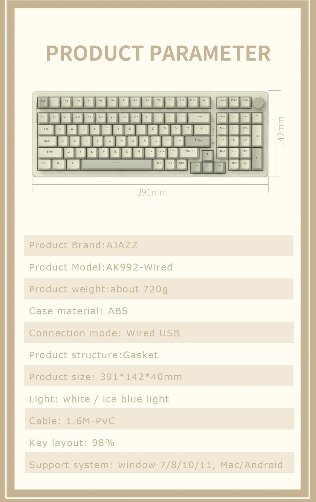 Ajazz AK992 Mechanische Tastatur – 98 Tasten, Hot-Swap, USB-Kabel & Multifunktions-Drehknopf, Vollformat Gaming Keyboard