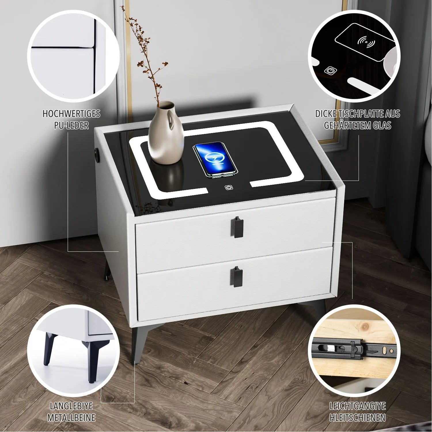 Oyajia Smart Nachttisch mit LED-Beleuchtung & Kabellosem Laden – Nachtschrank mit 2 Schubladen für Schlafzimmer & Wohnzimmer
