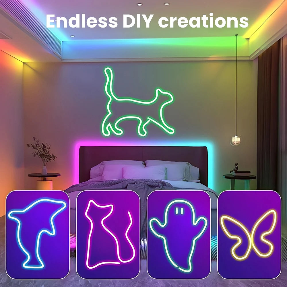 LED Neon Rope Lights with App/Remote Control, 24V Music Sync Waterproof Flexible DIY Design RGB Strip Lights for Bedroom Party