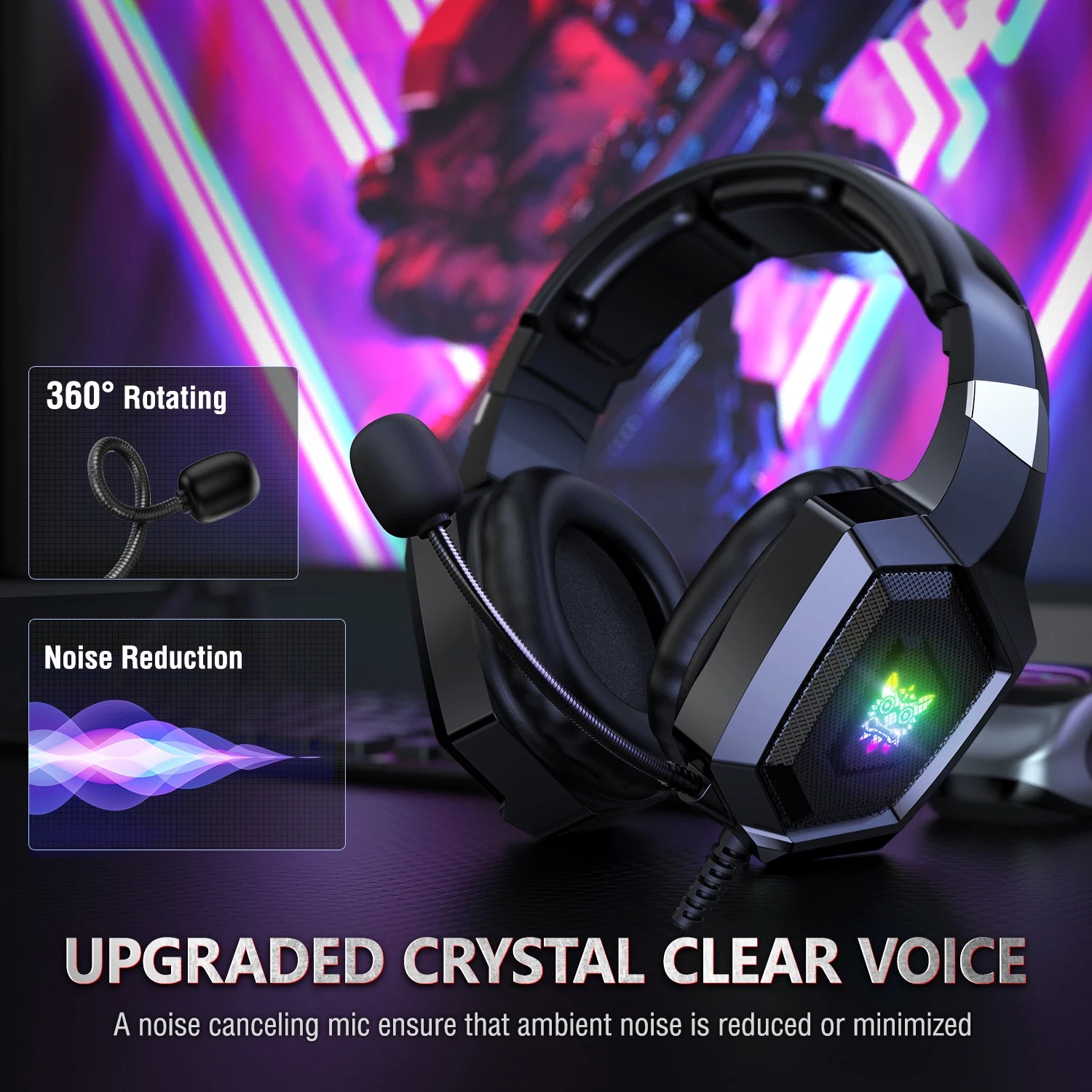 Onikuma K8 RGB Gaming-Headset – Flexibles HD-Mikrofon, Over-Ear, Surround Sound, RGB-Licht, Kabelgebunden für PC & Xbox