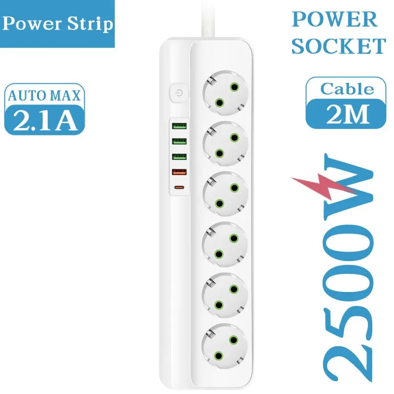 EU-Stecker Mehrfachsteckdose 2500 W – 3/4/5/6 Steckplätze mit 4 USB & 1 Type-C, 2 m Verlängerungskabel, 2.1 A Schnellladen